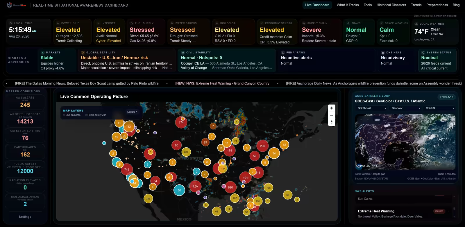 HazardNow live U.S. situational awareness dashboard showing alerts, hazards, infrastructure status, map layers, and satellite imagery.